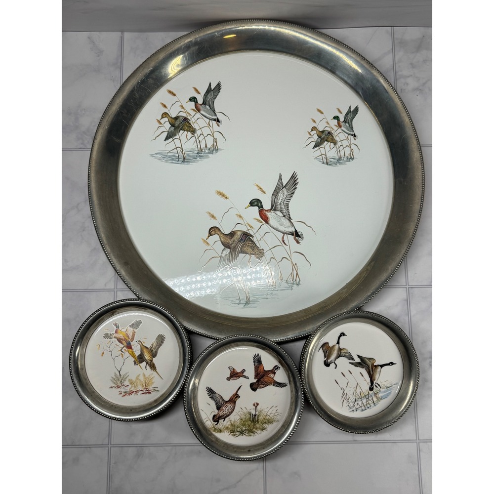 1940s VTG Revere Pewter Mallard Duck Game Bird Serving Tray and 6 Coaster Set